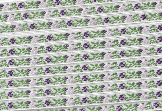 FLORAL A-08-N Jacquard Ribbon Poly Woven Trim, 3/8" Wide (9mm) White Background w/Pale Pink & Purple Flowers, Green Leaves