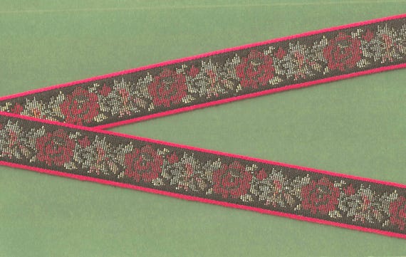 FLORAL TAPESTRY F-20-i Jacquard Ribbon Poly/Cotton Trim 1-1/8" wide (28mm) Black w/Red Flowers, Green Leaves, Gold Metallic Accents