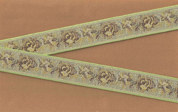 FLORAL TAPESTRY F-21-R Jacquard Ribbon Cotton Trim 1-1/8" wide (28mm) "Petit Point" Design in Sage Green, Yellow, Beige & Brown Tones