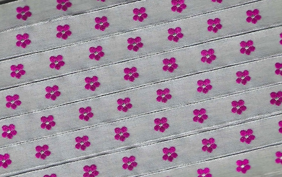 KAFKA A-03/20 Jacquard Ribbon Woven Organic Cotton Trim 7/16" wide (10mm) Gray Background w/Fuchsia & Gray Forget-Me-Not Flowers