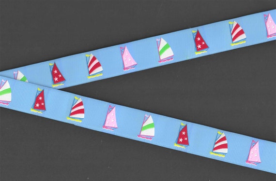 SPORTS/Nautical G-01-A Jacquard Ribbon Poly Trim 1-1/8" wide (28mm) Douglas Paquette, Blue Sky w/Multi-Colored Catboats