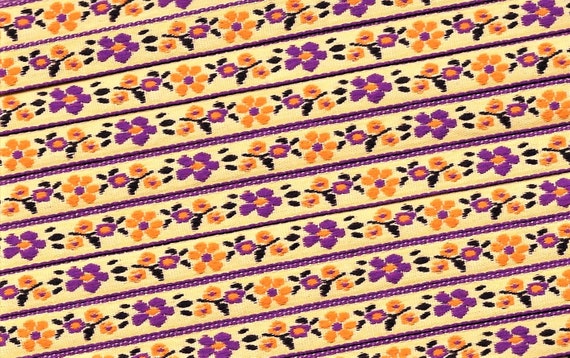 FLORAL A-30-Q Jacquard Ribbon Poly Trim 3/8" wide (9mm) Pale Yellow w/Purple Borders, Orange & Purple Flowers, Green Leaves