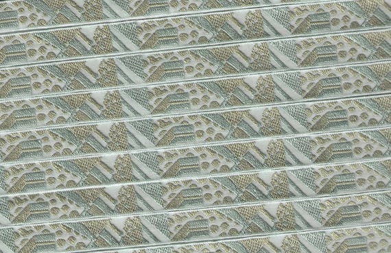 KAFKA A-13/13 Jacquard Ribbon Organic Cotton Woven Trim 3/8" wide (9mm) Abstract in Beige & Mint