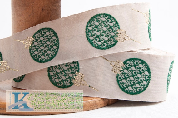 KAFKA G-15/16m Jacquard Ribbon Organic Cotton Trim 1-1/4" wide (32mm) Beige w/Green Christmas Tree Balls, Metallic Gold Accents