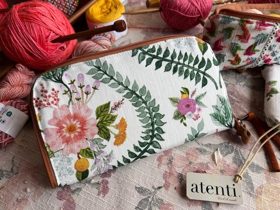 ATENTI Handmade Bags "FLORENCE" Floral, Needle, Hooks & Tool Zippered Case, Art Supplies, Make up Bag, Cosmetics, USA Made