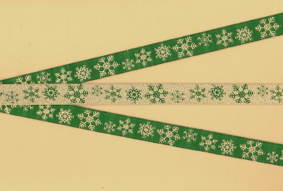 SNOWFLAKES C-06-C Jacquard Ribbon Polyester Trim 5/8" wide (16mm) REVERSIBLE Green Background with Metallic Gold Snowflakes, Per Yard