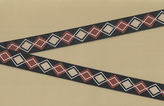 PLAIDS D-02-B Jacquard Ribbon Polyester Trim 3/4" wide (20mm) Douglas Paquette "Copper Argyle" w/Tan Brown & Black White Accents