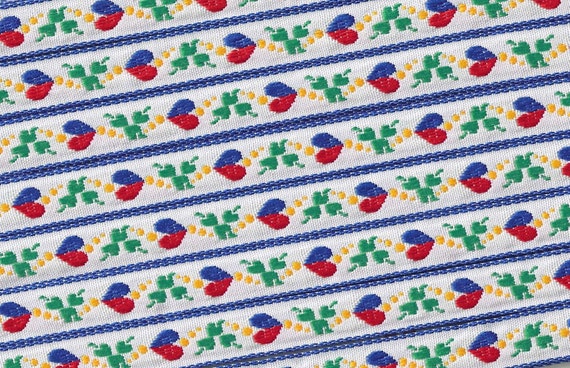 HEARTS/FLOWERS B-12-N Jacquard Ribbon Cotton Trim 1/2" wide (13mm) White w/Red & Blue Hearts, Yellow Accents, Green Leaves