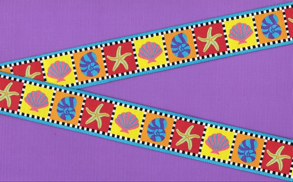 NOVELTY/Beach G-03-A Jacquard Ribbon Poly Trim 1-1/8" wide (28mm) Bright Colored Blocks of Seashells and Starfish, Priced Per Yard