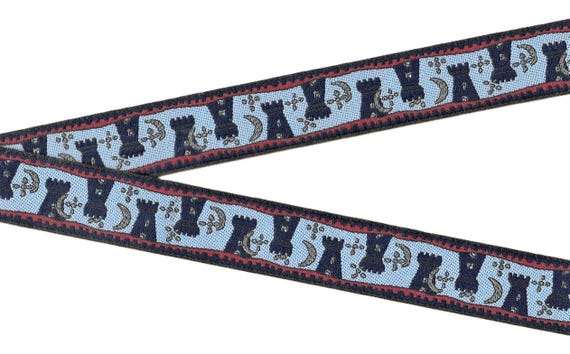 CHILDREN's Fairy Tales G-05-C Jacquard Ribbon Poly Trim, 1-1/4" Wide (32mm) Blue w/Navy Castles, Metallic Gold Accents