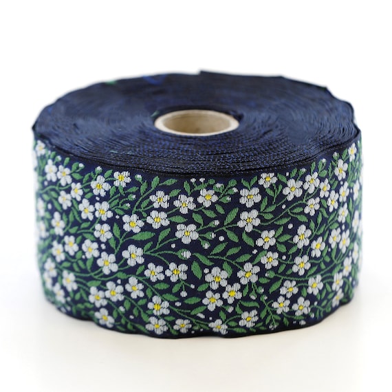 KAFKA K-02/21 Jacquard Ribbon Woven Organic Cotton Trim 2" wide (50mm) Navy w/White & Yellow Forget-Me-Nots, Green Leaves