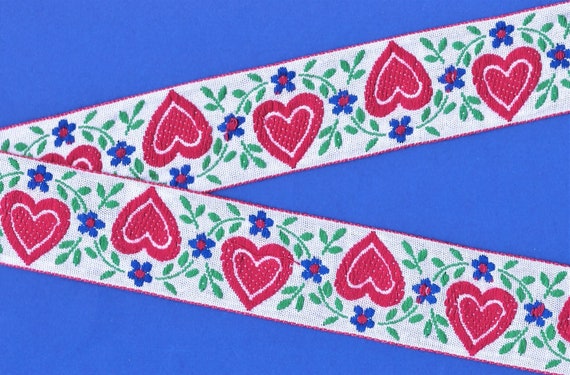 HEARTS/FLOWERS H-21-A Jacquard Ribbon Rayon Trim 1-1/2" wide (38mm) VINTAGE White w/Red Borders/Hearts, Blue Flowers, Green Vines