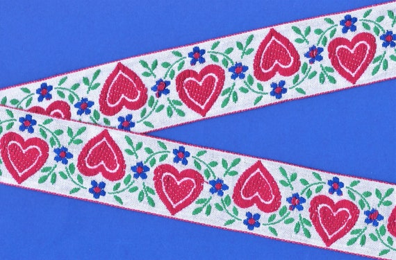 Blue 1/2 inch Hearts Jacquard Ribbon, Fringe