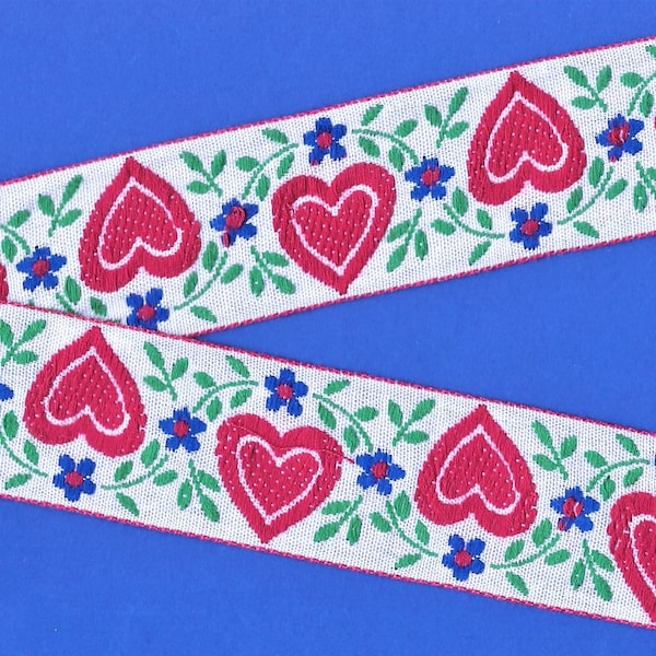 HEARTS/FLOWERS H-21-A Jacquard Ribbon Rayon Trim 1-1/2" wide (38mm) VINTAGE White w/Red Borders/Hearts, Blue Flowers, Green Vines