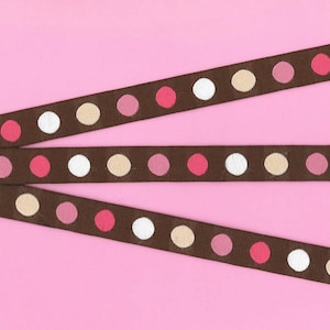 POLKA DOTS C-22-Aa(RR) Jacquard Ribbon Polyester Trim 5/8&quot; wide (16mm) Brown Background w/White, Cream, Pale Pink & Dark Pink Dots