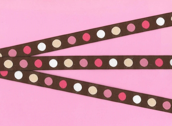 POLKA DOTS C-22-Aa(RR) Jacquard Ribbon Polyester Trim 5/8" wide (16mm) Brown Background w/White, Cream, Pale Pink & Dark Pink Dots
