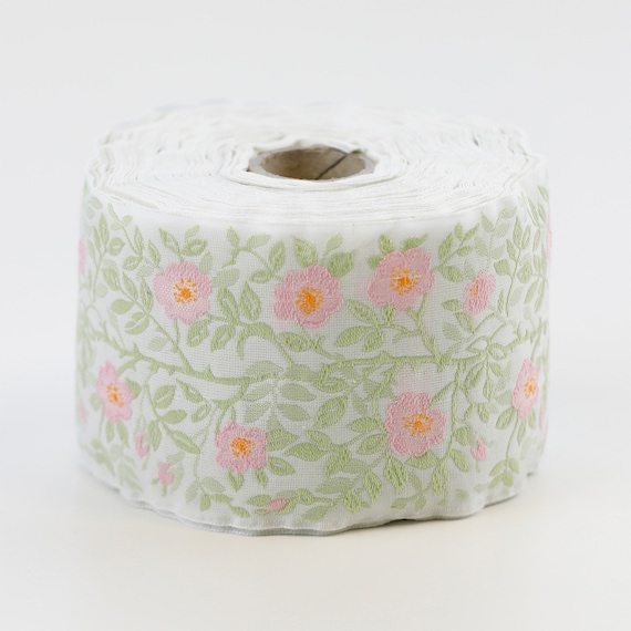 KAFKA L-01/01 Jacquard Ribbon Woven Organic Cotton Trim 2-3/8" wide (60mm) White w/Pink Wild Roses, Orange Accents, Green Leaves