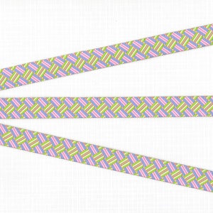 May include: Three strips of woven ribbon with a pattern of pink, green, and blue stripes. The ribbon is on a white background.