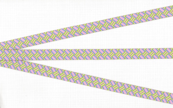GEOMETRIC B-11-A Jacquard Ribbon Polyester Trim 1/2" wide (13mm) Basket Weave Pattern in Pastel Shades of Pink/Lime/Blue & White