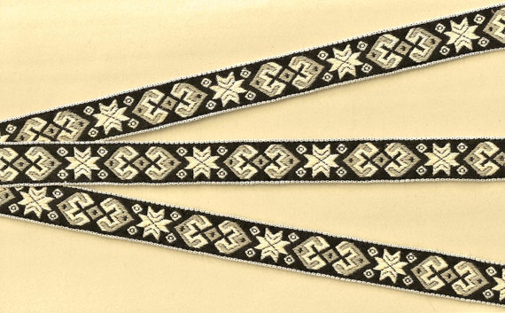 SNOWFLAKES D-19-F Jacquard Ribbon Cotton Trim 3/4" Wide (20mm) VINTAGE, European, Nordic, Black w/Ivory Snowflakes, Gray Accents, Per Yard