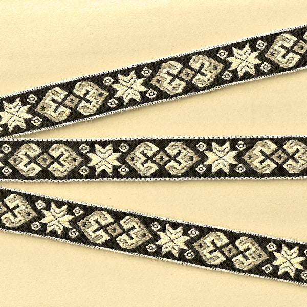 SNOWFLAKES D-19-F Jacquard Ribbon Cotton Trim 3/4" Wide (20mm) VINTAGE, European, Nordic, Black w/Ivory Snowflakes, Gray Accents, Per Yard