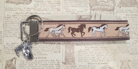 Jacquard Ribbon/Nylon Web 1" wide (25mm) Key Fobs, Horses on Brown w/Charms, Keychain, Wristlet, Luggage Tags 5.5" long