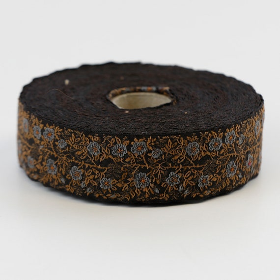 KAFKA F-02/29 Jacquard Ribbon Woven Organic Cotton Trim 1" wide (25mm) Dark Brown Background w/Gray & Orange Wild Roses, 2-Tone Brown Leaves