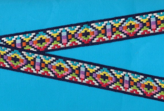 NATIVE AMERICAN G-03-A Jacquard Ribbon Poly/Cotton Trim 1-1/8" wide (28mm) Navy Borders with Bright, Multi-Colored Tribal