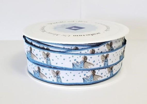 DANIELA DRESCHER Children Jacquard Ribbon Woven Trim 5/8" wide (16mm) From Germany, White w/Blue Elf Catching Stars in Apron - LIMITED