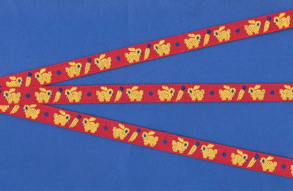 ANIMALS/Farm B-01-A Jacquard Ribbon Poly/Cotton Trim 1/2" wide (13mm) Red w/Golden Yellow Bunny Rabbits & Carrots Navy Blue Accents