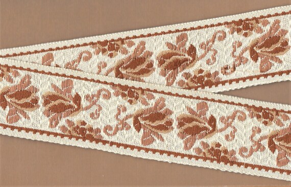 FLORAL L-07-A Jacquard Ribbon French Cotton Trim 2-1/8" wide (54mm) Beige w/Variegated Tan/Brown Floral & Swirls