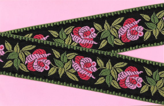 FLORAL L-06-B Jacquard Ribbon Cotton Trim 2-1/4" wide (57mm) VINTAGE Black w/Green Borders Pink & Red Roses, 2-Tone Green Leaves, Per Yard