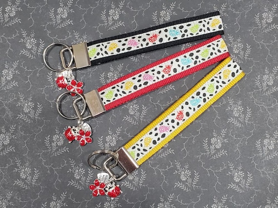 Jacquard Ribbon/Nylon Web 3/4" wide (20mm) Key Fobs, Multi-Colored Ladybugs on White w/Charms, Keychain, Wristlet, Luggage Tags 5.5" long