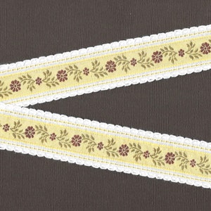 FLORAL G-34-A Jacquard Ribbon Cotton Trim 1-1/4&quot; wide (32mm) VINTAGE Yellow Linen w/White Picot Edging, Brown Floral, Olive Green Vines