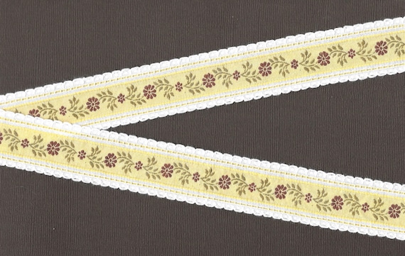 FLORAL G-34-A Jacquard Ribbon Cotton Trim 1-1/4" wide (32mm) VINTAGE Yellow Linen White Picot Edging Brown Floral Olive Green Vines