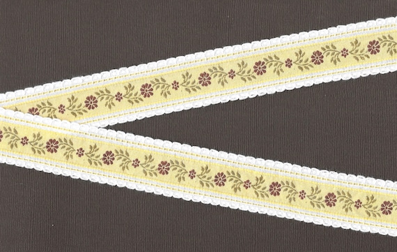 FLORAL G-34-A Jacquard Ribbon Cotton Trim 1-1/4" wide (32mm) VINTAGE Yellow Linen White Picot Edging Brown Floral Olive Green Vines Per Yard