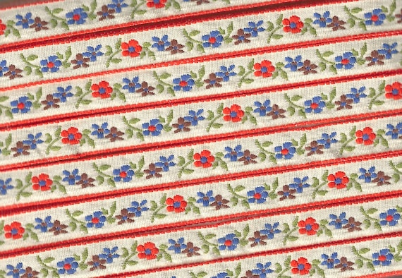 FLORAL B-20-E Jacquard Ribbon Woven Cotton Trim 1/2" wide (13mm) Cream (Orange Borders) Orange/Blue/Brown Edelweiss, Green Leaves