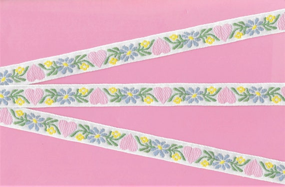 HEARTS/FLOWERS D-21-C Jacquard Ribbon Cotton Trim 3/4" wide (20mm) White w/Pink Hearts, Yellow & Pale Blue Edelweiss, Green Leaves