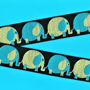 CHILDREN&#39;s G-08-A Jacquard Ribbon Cotton Trim 1-1/4&quot; wide (32mm) VINTAGE RARE Black Linen w/Turquoise & Lime Green Elephants