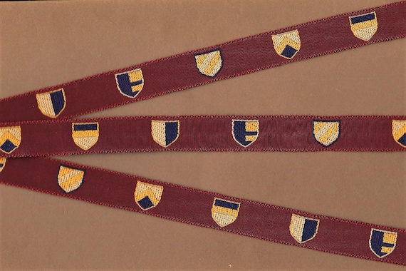 CHILDREN's D-11 Fairy Tales D-06 Jacquard Ribbon Cotton Trim, 3/4" Wide (20mm) Burgundy w/Navy, Gold & Tan Shields, Coat of Arms, Per Yard