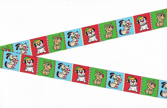 HOLIDAY E-34-A Jacquard Ribbon Polyester Trim 7/8" wide (22mm) Douglas Paquette Red, Blue & Green Block Design "Christmas Puppies", REMNANTS