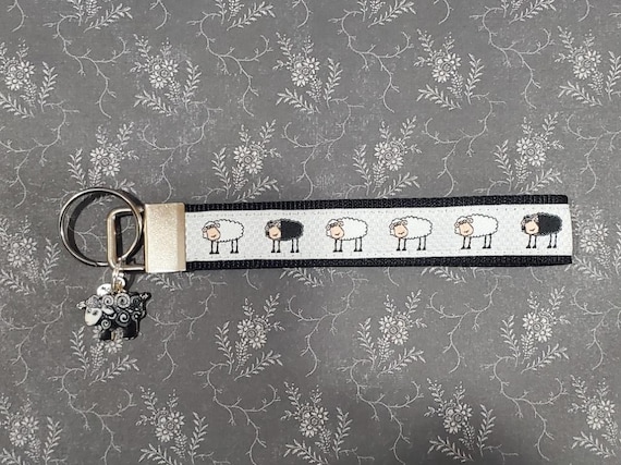 Jacquard Ribbon/Nylon Web 3/4" wide (20mm) Key Fobs, Black & White Sheep w/Charms, Keychain, Wristlet, Zipper Pulls, Luggage Tags 5.5" long