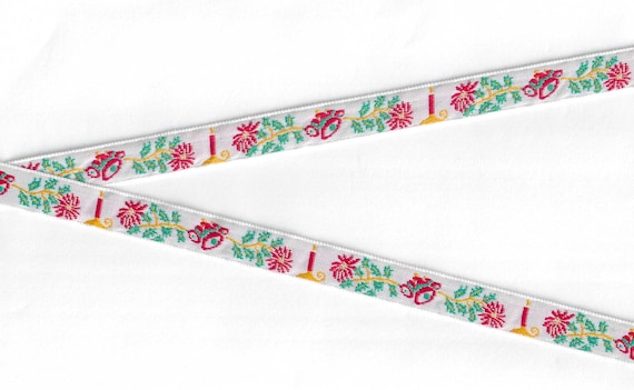 HOLIDAY C-33-A Jacquard Ribbon Poly Trim 5/8" wide (16mm) From France, White w/Red Bells, Red Poinsettias, Candles