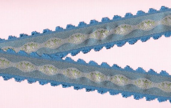FLORAL H-10-E Jacquard Ribbon Rayon Trim 1-3/8" wide (38mm) Vintage, Dusty Blue w/Variegated Pink Flowers, Green Leaves, Fringed Edge