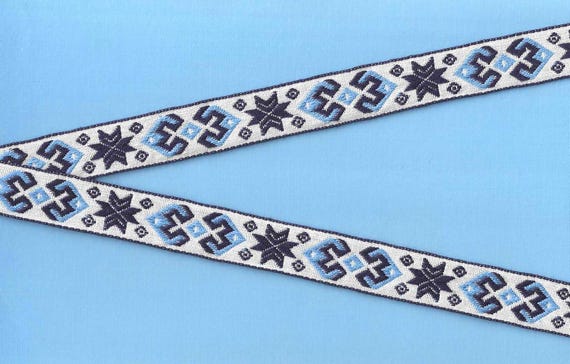 SNOWFLAKES D-19-E Jacquard Ribbon Cotton Trim 3/4" wide (20mm) VINTAGE European, White w/Navy Snowflakes/Nordic Stars, Blue Accents