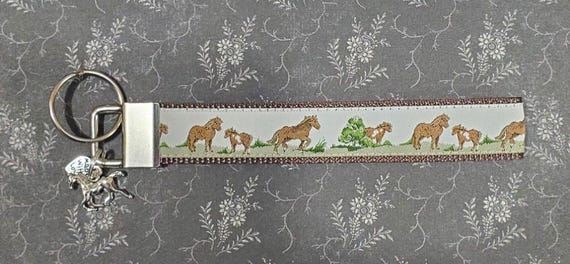 Jacquard Ribbon/Nylon Web 3/4" wide (20mm) Key Fobs, Horses on Brown w/Charms, Keychain, Wristlet, Zipper Pulls, Luggage Tags 5.5" long