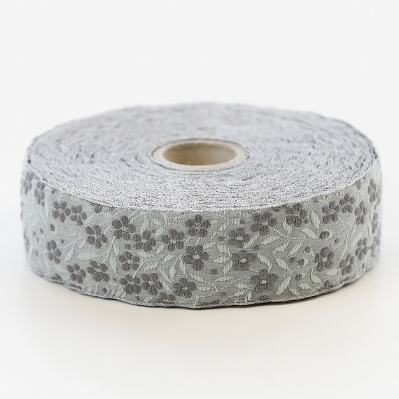 KAFKA F-01/12 Jacquard Ribbon Woven Organic Cotton Trim 1" wide (25mm) Lt Gray w/Dk Gray Forget-Me-Nots, Lt Mint Green Leaves