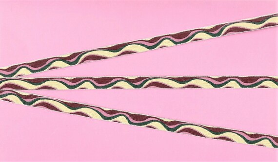 GEOMETRIC A-18-B Jacquard Ribbon Poly Trim 3/8" wide (9mm) Cream Background w/Rose Pink, Burgundy & Emerald Green Wave Design