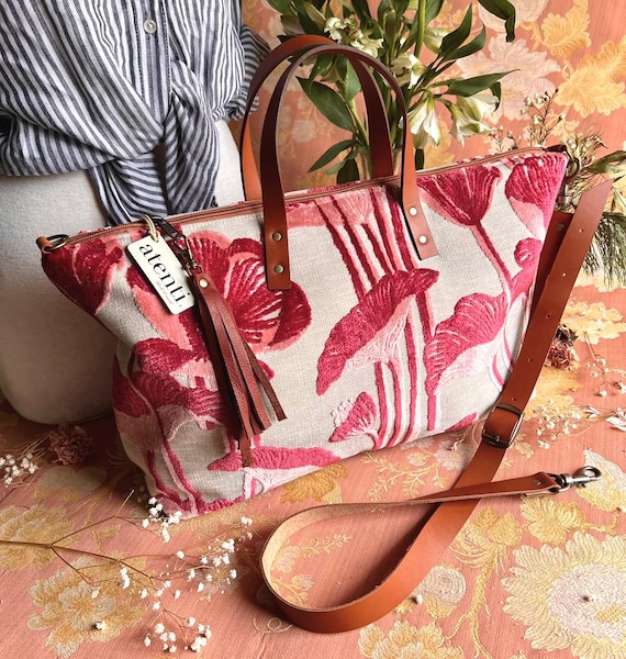 ATENTI Handmade Bags "LALIQUE" Pink Cut Velvet Tapestry Floral Bag, Needle Arts Organizer Bag, Carry-On Luggage, Diaper Bag, USA Made