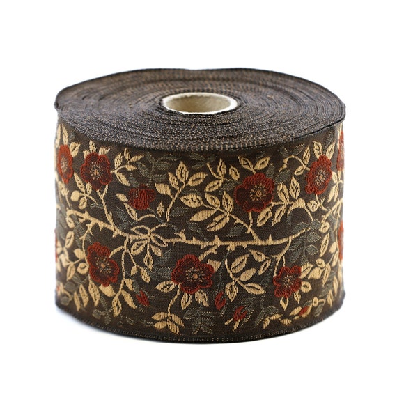 KAFKA L-01/37 Jacquard Ribbon Woven Organic Cotton Trim 2-3/8" wide (60mm) Warm Brown Background w/Rust Wild Roses, Beige & Brown Leaves